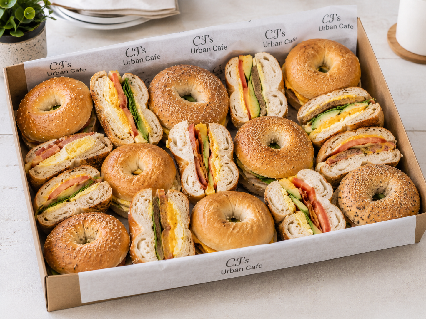 CJ's Urban Cafe bagel sandwich box — assorted bagels with egg, ham, avocado
