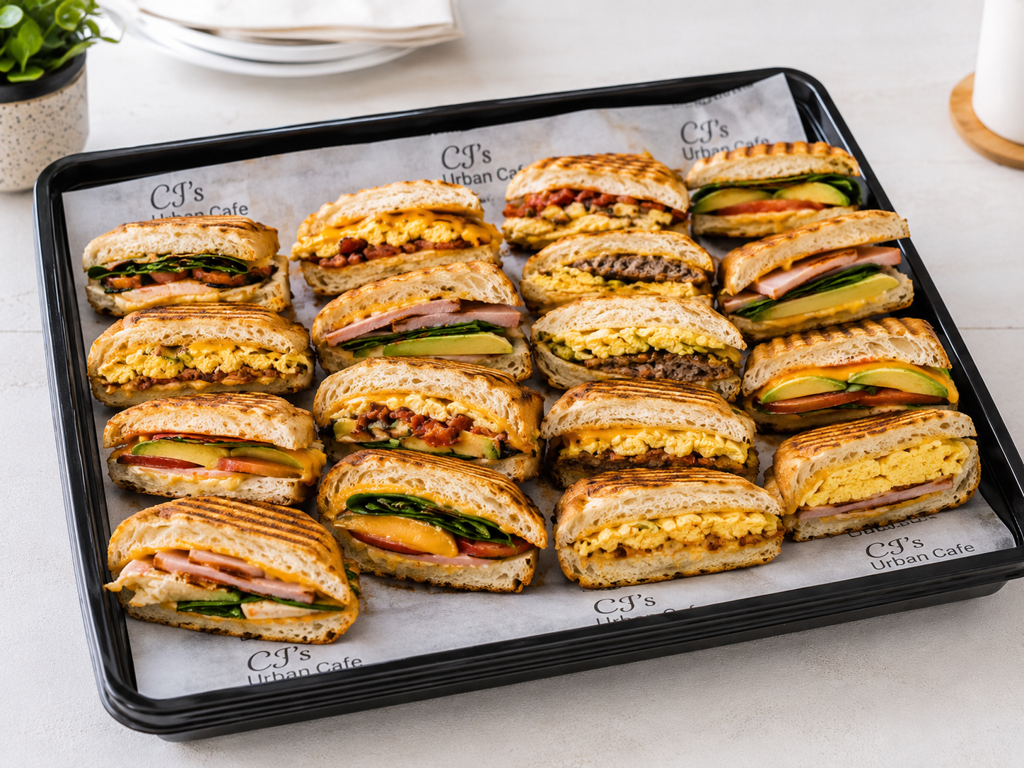 CJ's Urban Cafe breakfast panini tray — pressed paninis with avocado, ham, egg on CJ's branded parchment