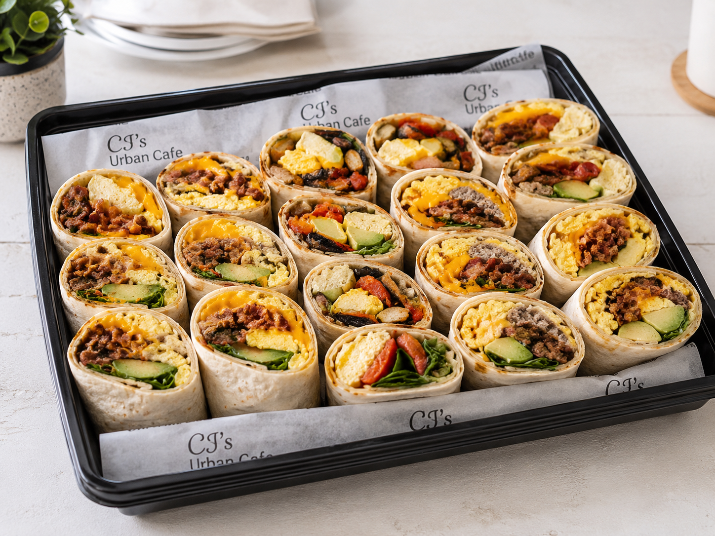 CJ's Urban Cafe breakfast wrap tray — assorted fillings on CJ's branded parchment