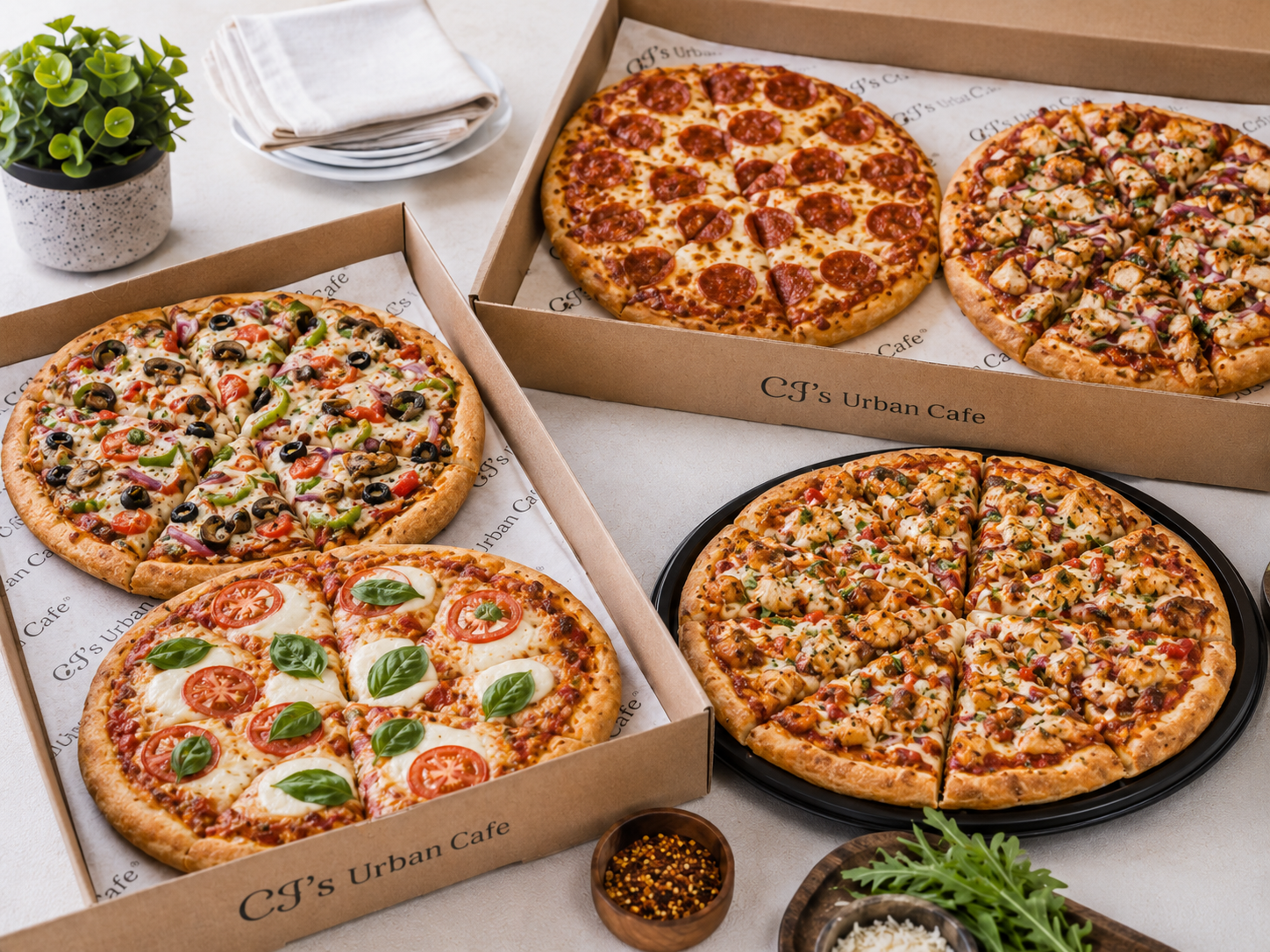CJ's Urban Cafe flatbread pizza party pack — 4 varieties in CJ's branded boxes