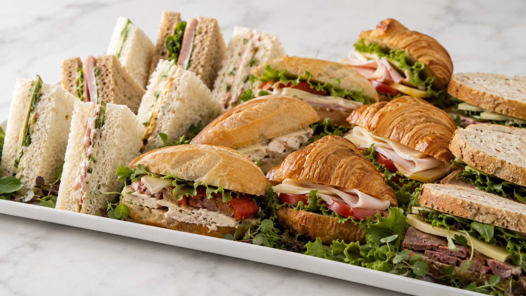 CJ's Urban Cafe sandwich platter — assorted croissants, finger sandwiches, and club sandwiches on marble tray