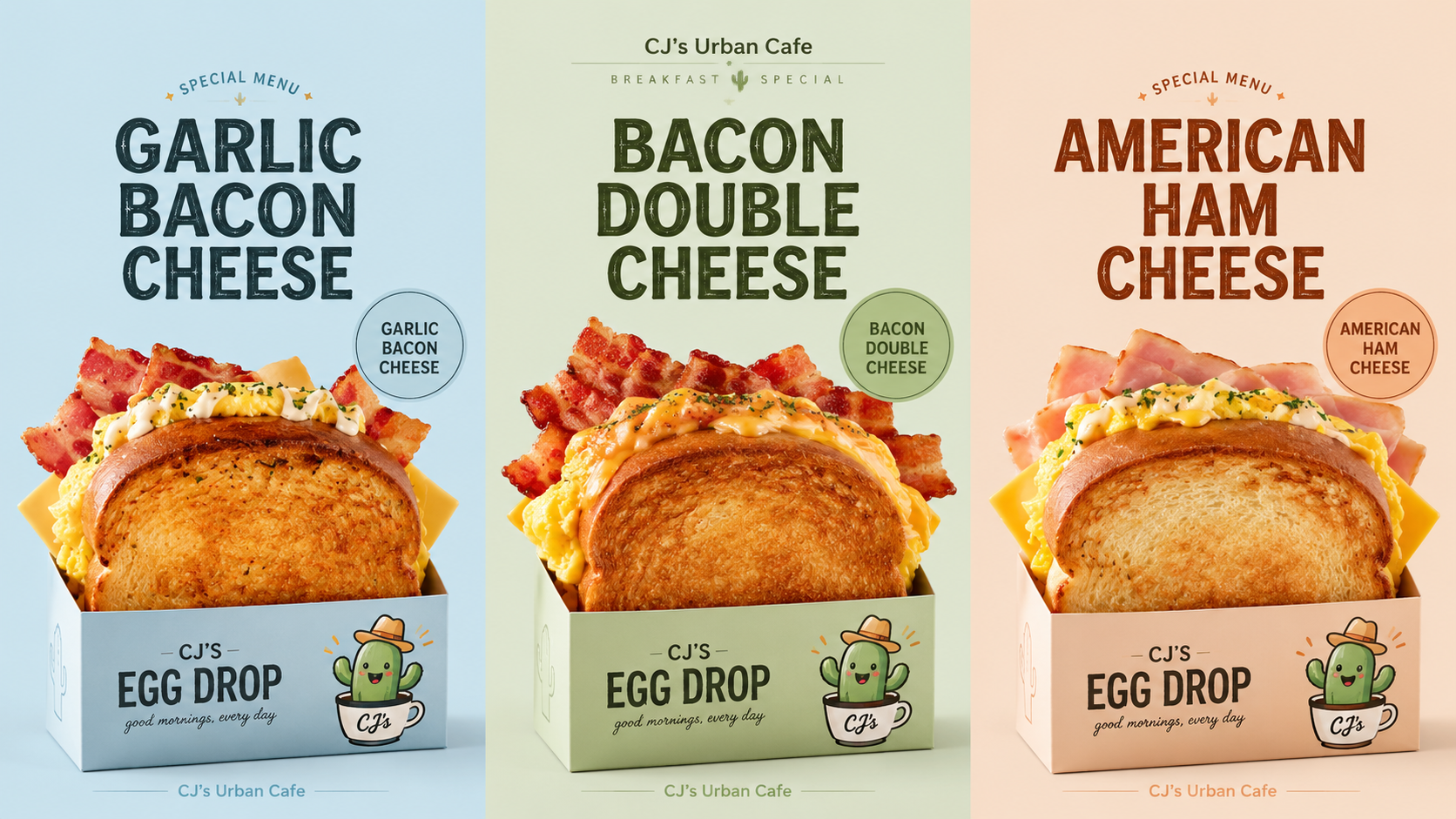 CJ's signature egg drop sandwich trio — garlic bacon, double bacon, american ham
